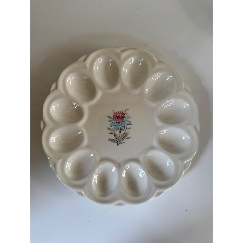 Vintage Floral Ceramic Deviled Egg Platter Scalloped Round Serving Dish 9.25in